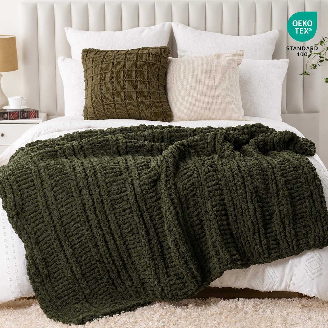 The Fable & Forge Olive Green Chunky Knit Throw Blanket, 50" x 60"