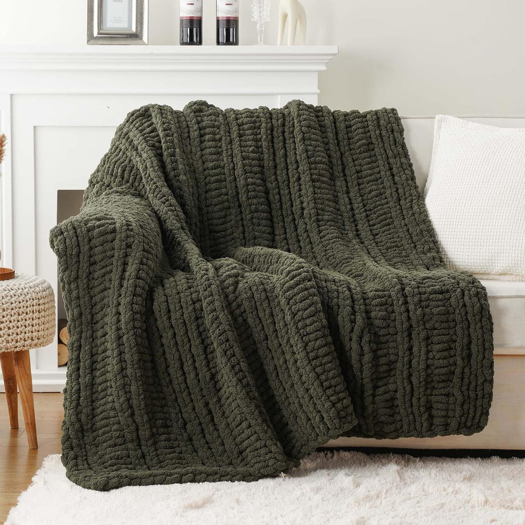 The Fable & Forge Olive Green Chunky Knit Throw Blanket, 50" x 60"