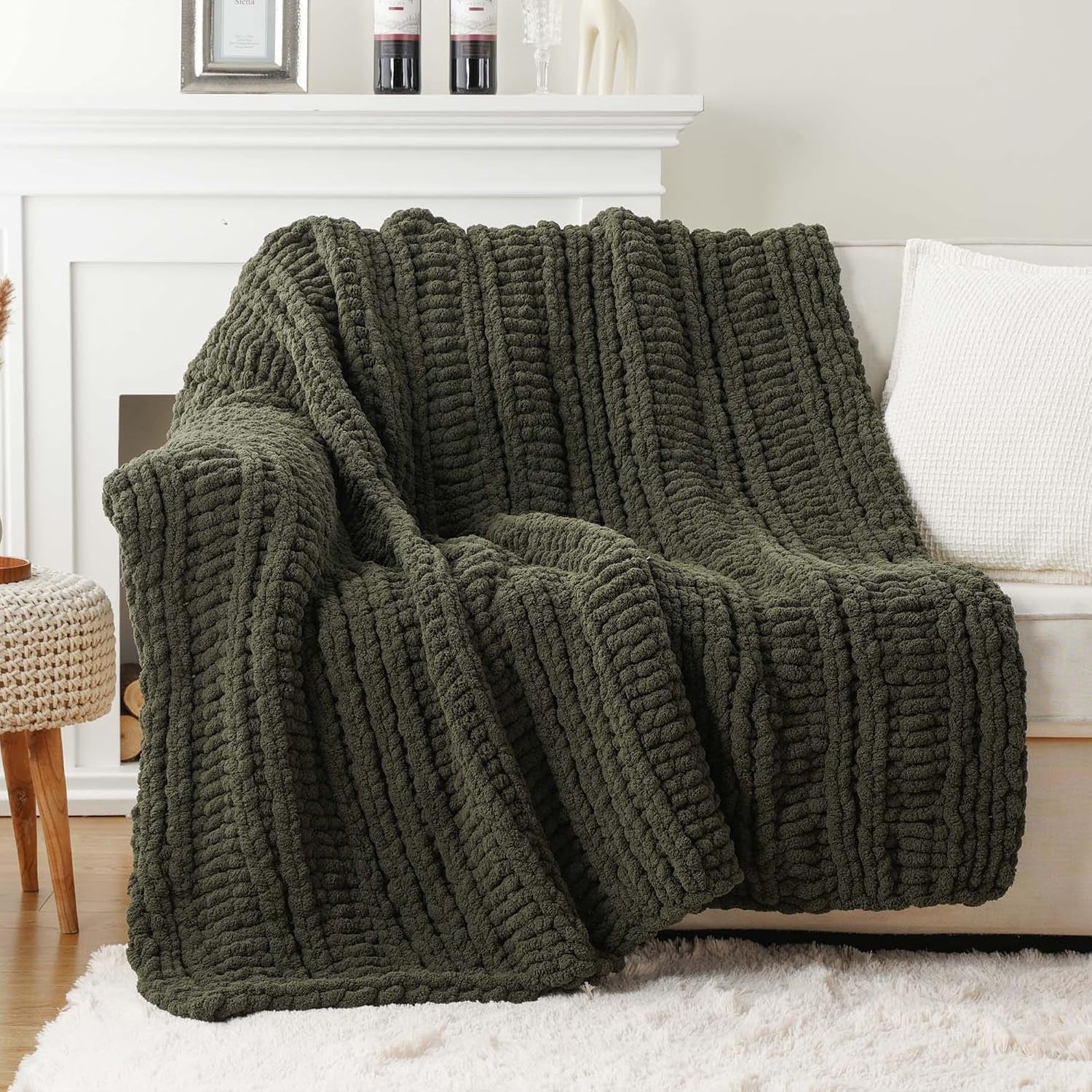 The Fable & Forge Olive Green Chunky Knit Throw Blanket, 50" x 60"