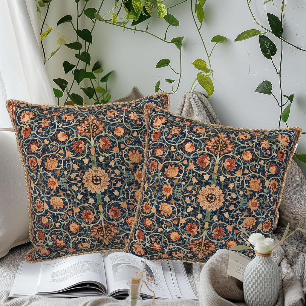 The Fable & Forge Burnt Orange & Navy Botanical Velvet Pillow Covers, Set of 2