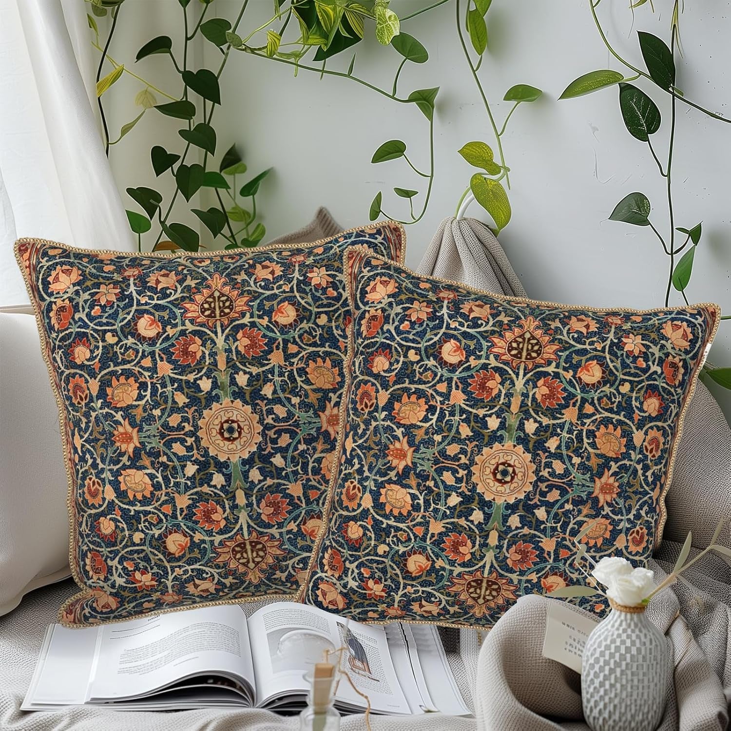 The Fable & Forge Burnt Orange & Navy Botanical Velvet Pillow Covers, Set of 2