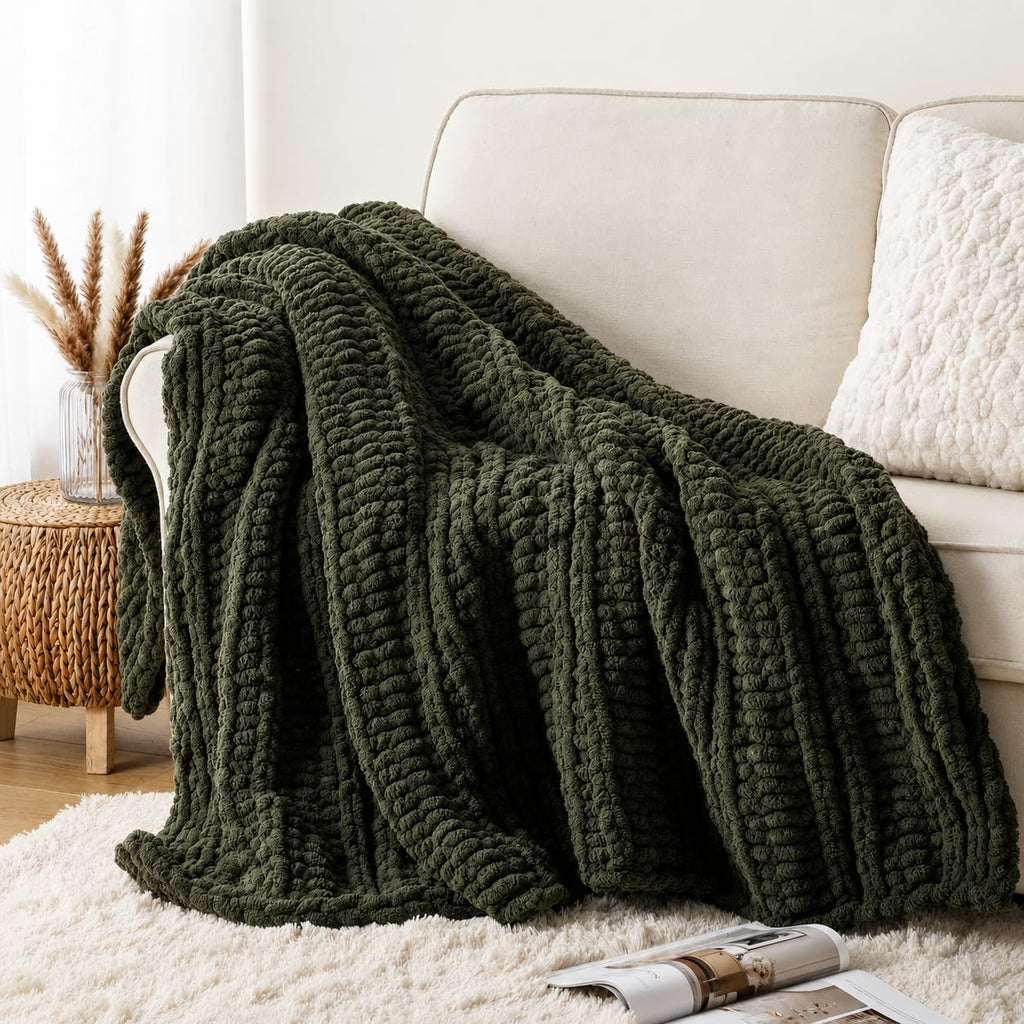 The Fable & Forge Olive Green Chunky Knit Throw Blanket, 50" x 60"