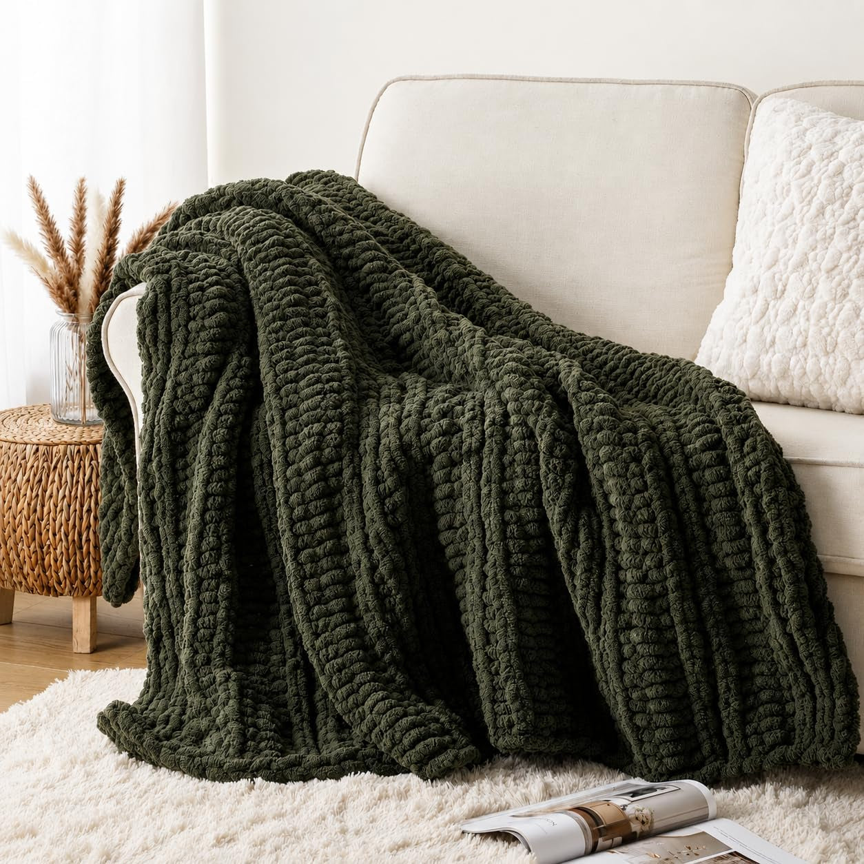 The Fable & Forge Olive Green Chunky Knit Throw Blanket, 50" x 60"