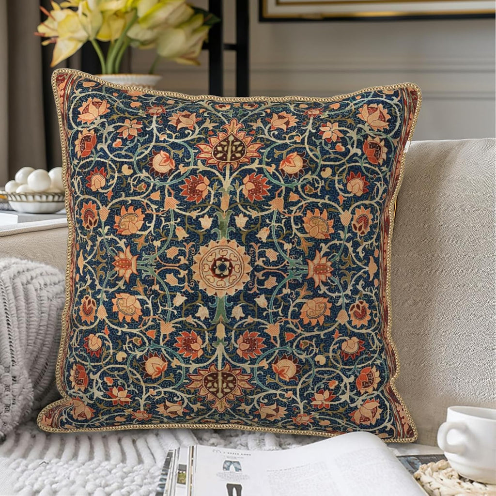 The Fable & Forge Burnt Orange & Navy Botanical Velvet Pillow Covers, Set of 2
