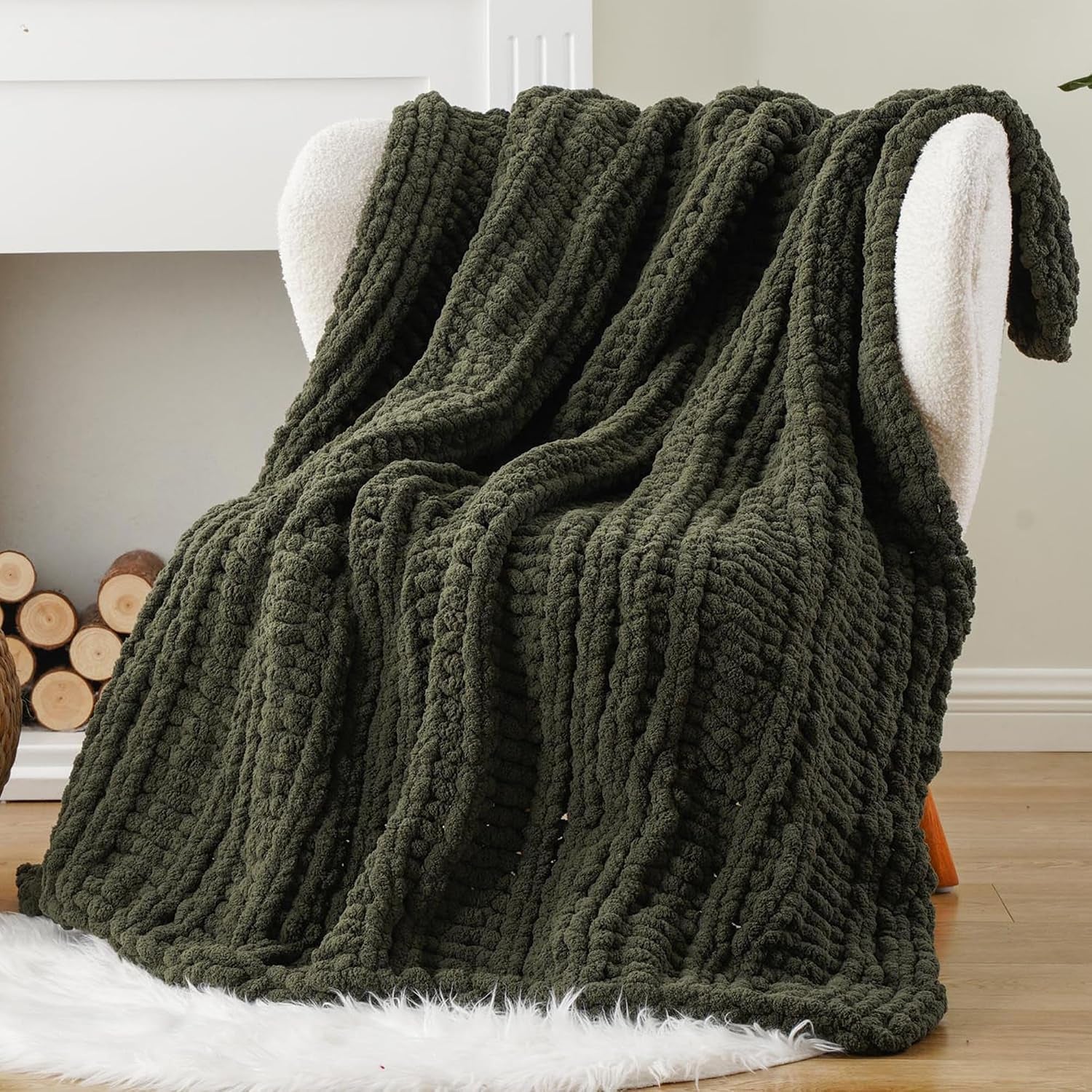 The Fable & Forge Olive Green Chunky Knit Throw Blanket, 50" x 60"