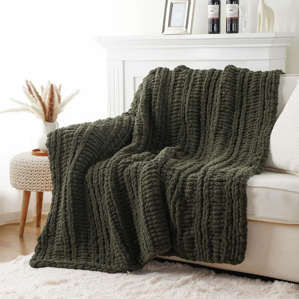 The Fable & Forge Olive Green Chunky Knit Throw Blanket, 50" x 60"