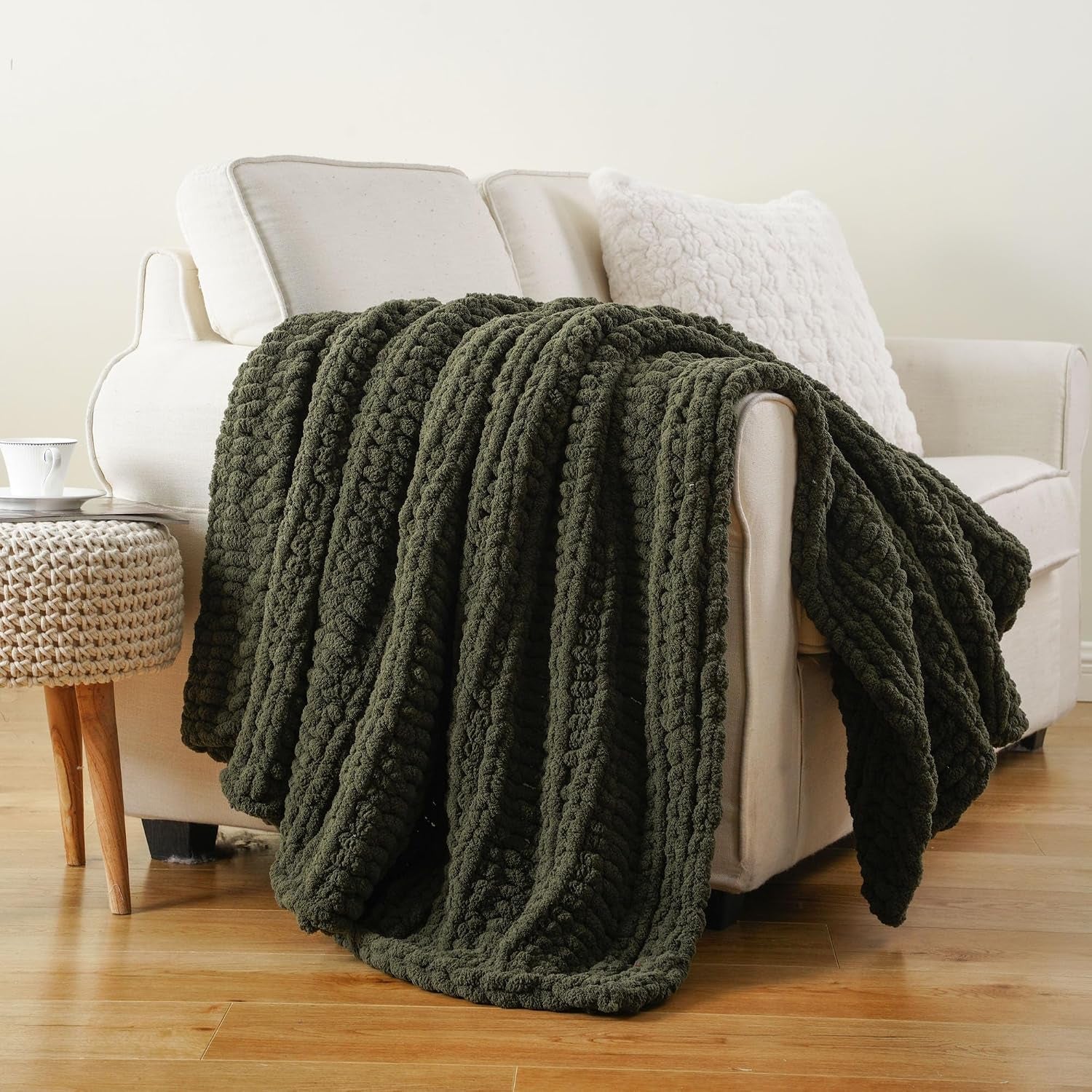 The Fable & Forge Olive Green Chunky Knit Throw Blanket, 50" x 60"