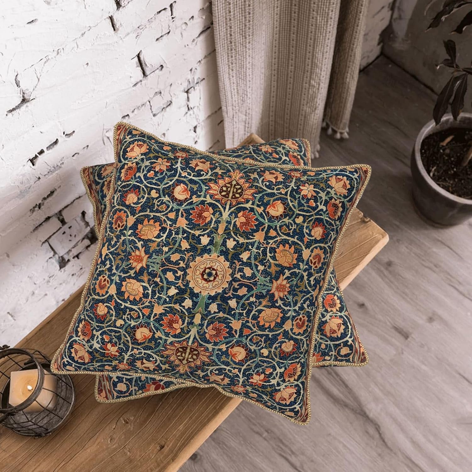 The Fable & Forge Burnt Orange & Navy Botanical Velvet Pillow Covers, Set of 2