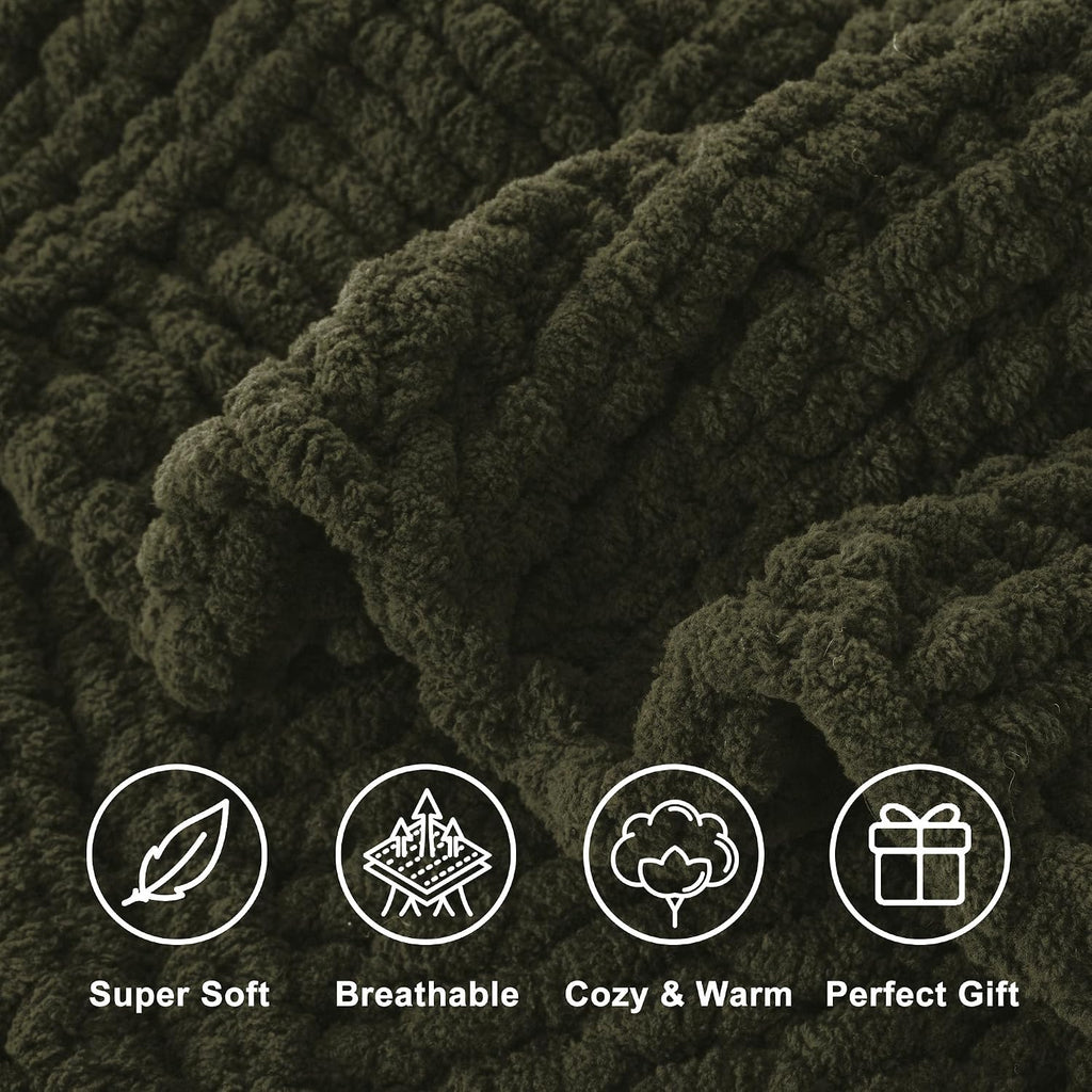 The Fable & Forge Olive Green Chunky Knit Throw Blanket, 50" x 60"